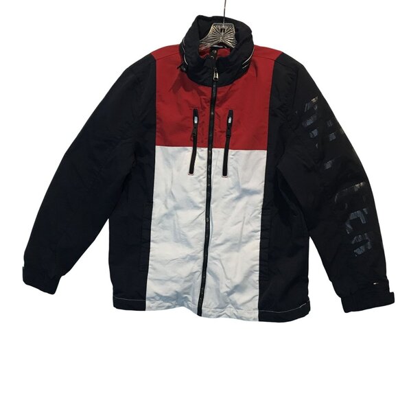 VTG 90s Tommy Hilfiger Hooded Windbreaker Softshell Jacket Mens M Red White Blue - Picture 1 of 11
